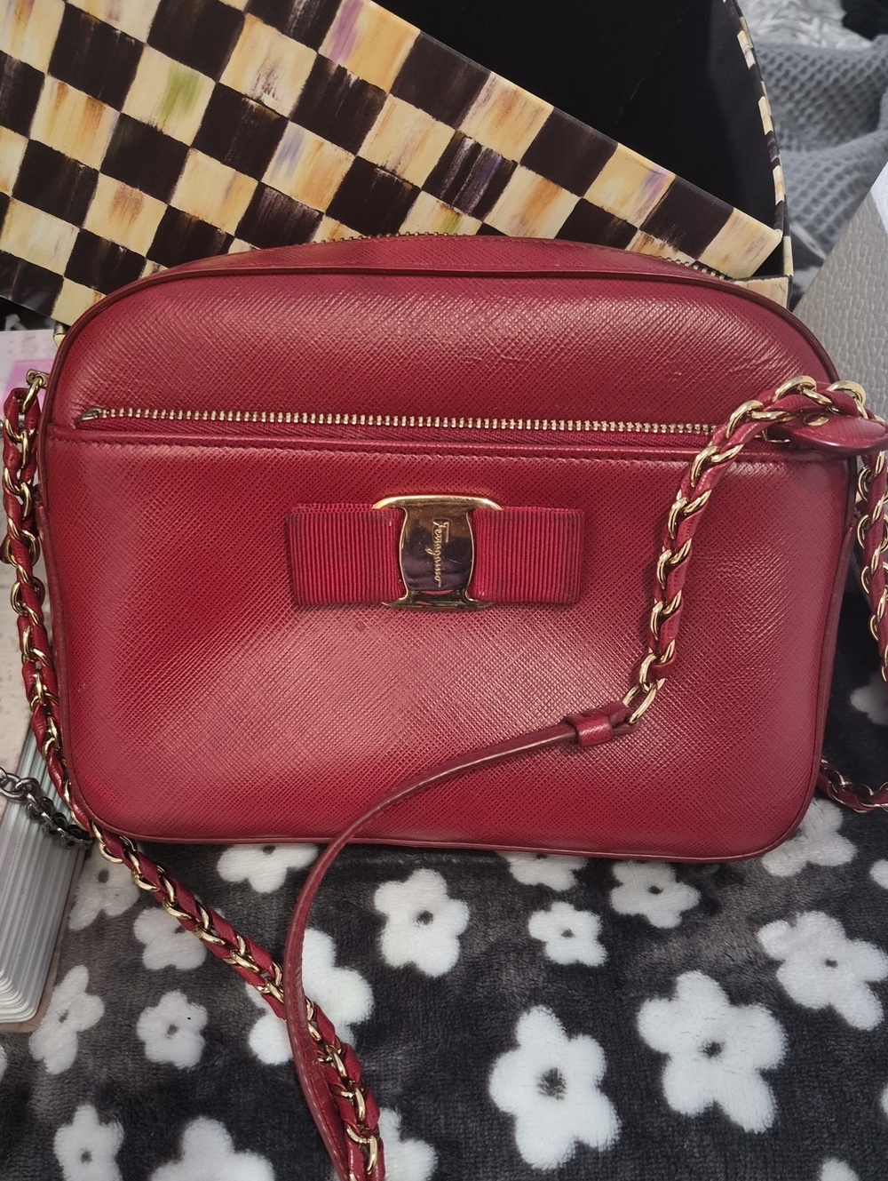 Salvatore Ferragamo Red Leather rossbody Bag with Chain Strap. Authentic. GUC